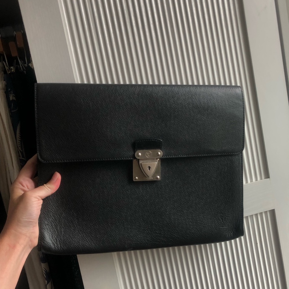 Louis Vuitton Black Leather Travel Document Case with Silver-Tone Lock